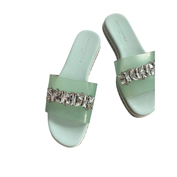 KARL LAGERFELD Mint Green Jeweled Rhinestone Slide Sandals Size 7 - Picture 9 of 10